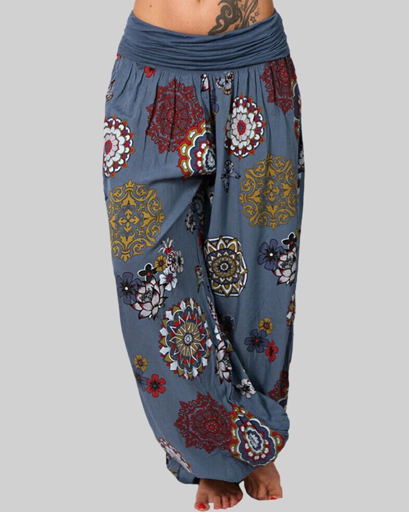 

Tribal Print Ruched Low Waist Harem Pants, Blue