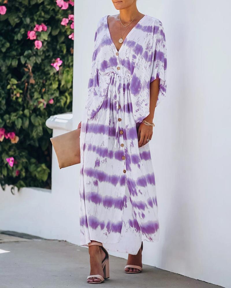 

Tie Dye Print Buttoned Batwing Sleeve Maxi Dress, Purple