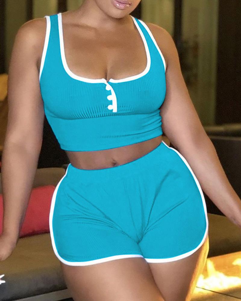 

Contrast Binding Button Front Crop Tank & Shorts Set, Blue