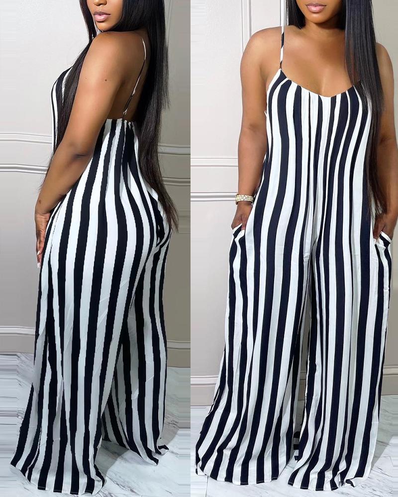 

Striped Print Spaghetti Strap Wide Leg Jumpsuit, Blackwhite
