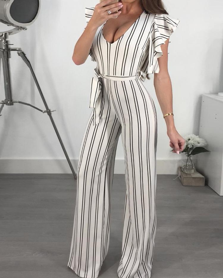 

Ruffled Deep V Tied Waist Stripes Jumpsuit, White