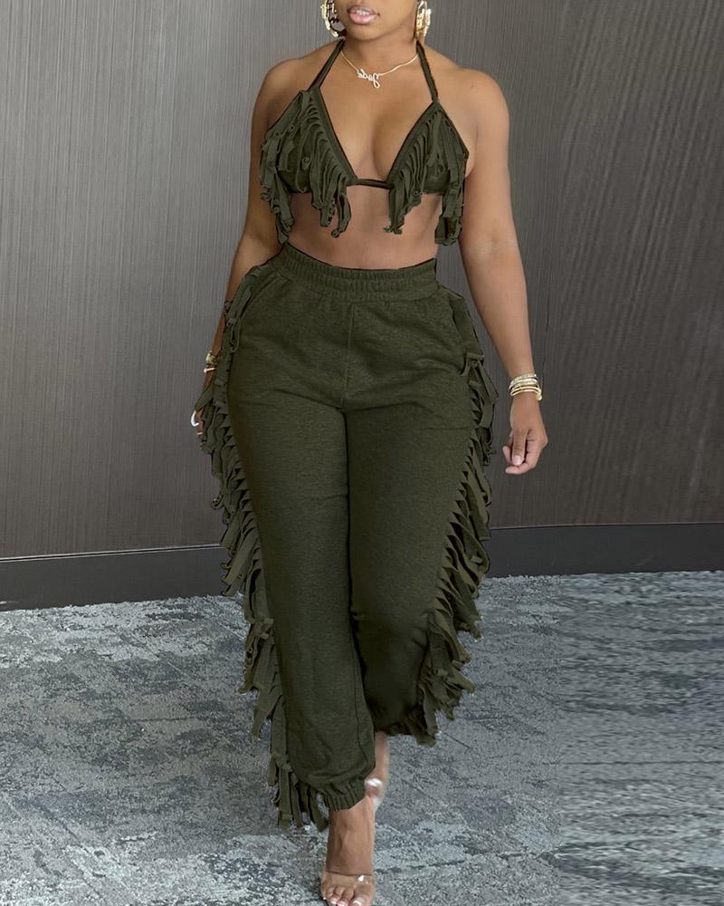 

Halter Fringe Backless Top & High Waist Pants Sets, Green