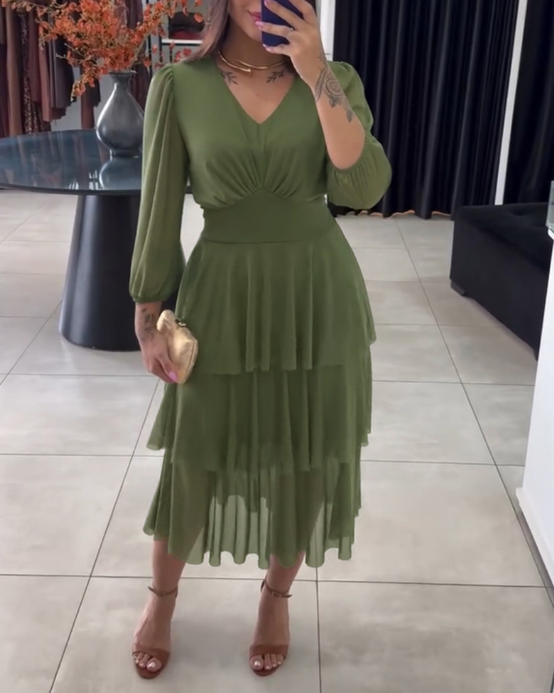 

Vestido casual de manga comprida com decote em V e patchwork de malha, com cinto e camadas, comprimento médio da panturrilha, Green