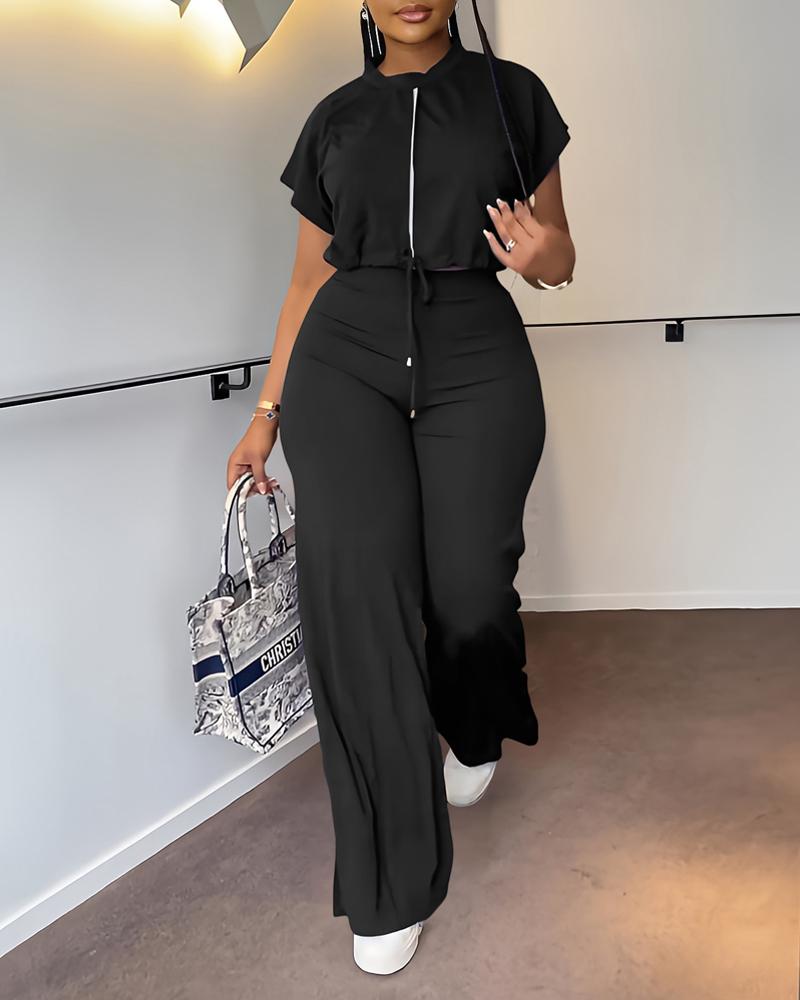 

Contrast Paneled Drawstring Top & Pants Set, Black