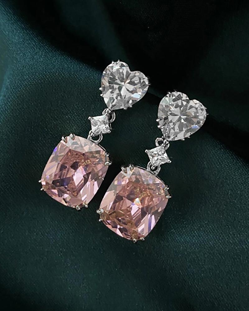 

1Pair Heart Pattern Square Pendant Rhinestone Earrings, Pink