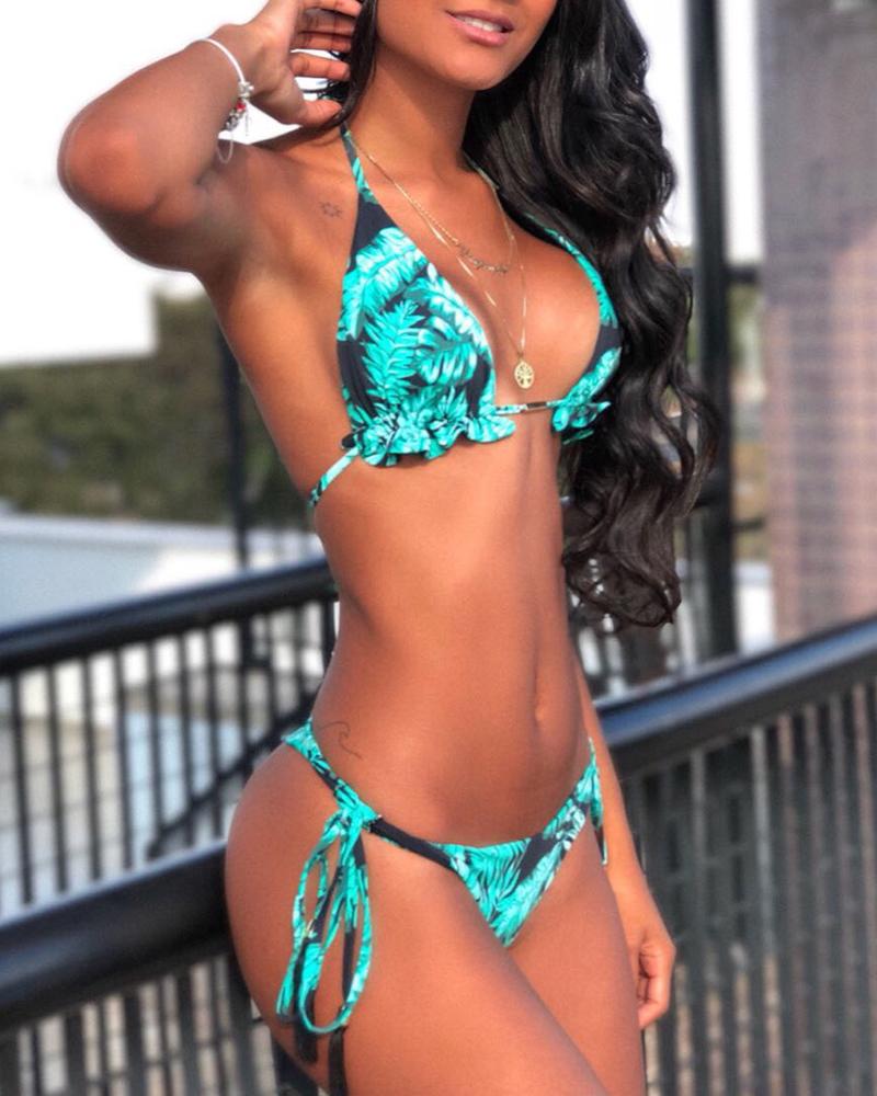 

Spaghetti Strap Halter Tropical Print Bikini Set, Green