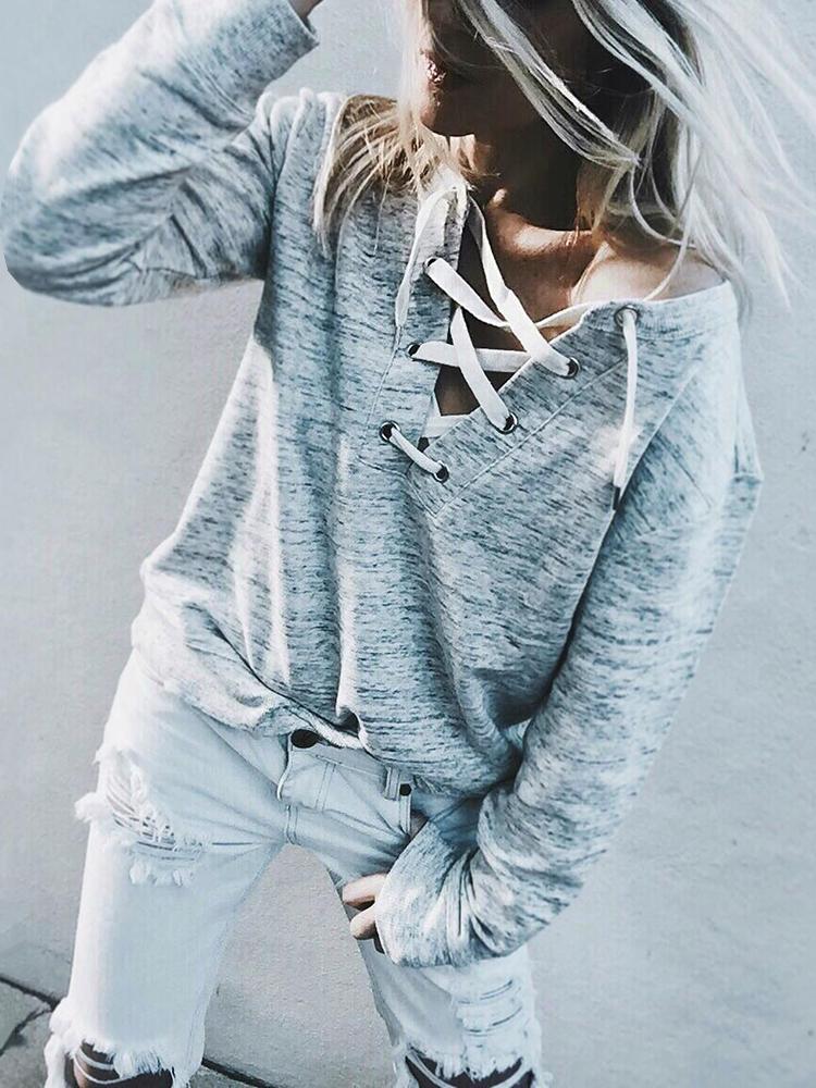 

Trendy Lace-up V Neck Casual T-shirt, Gray