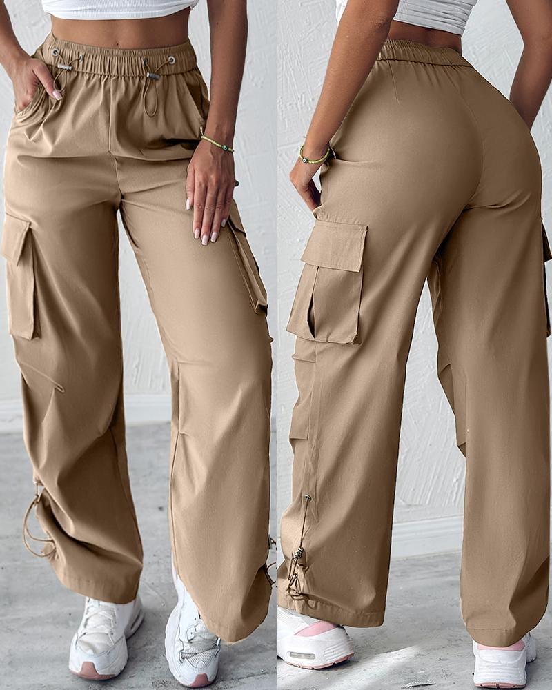 

Pocket Design Drawstring Cargo Pants, Khaki