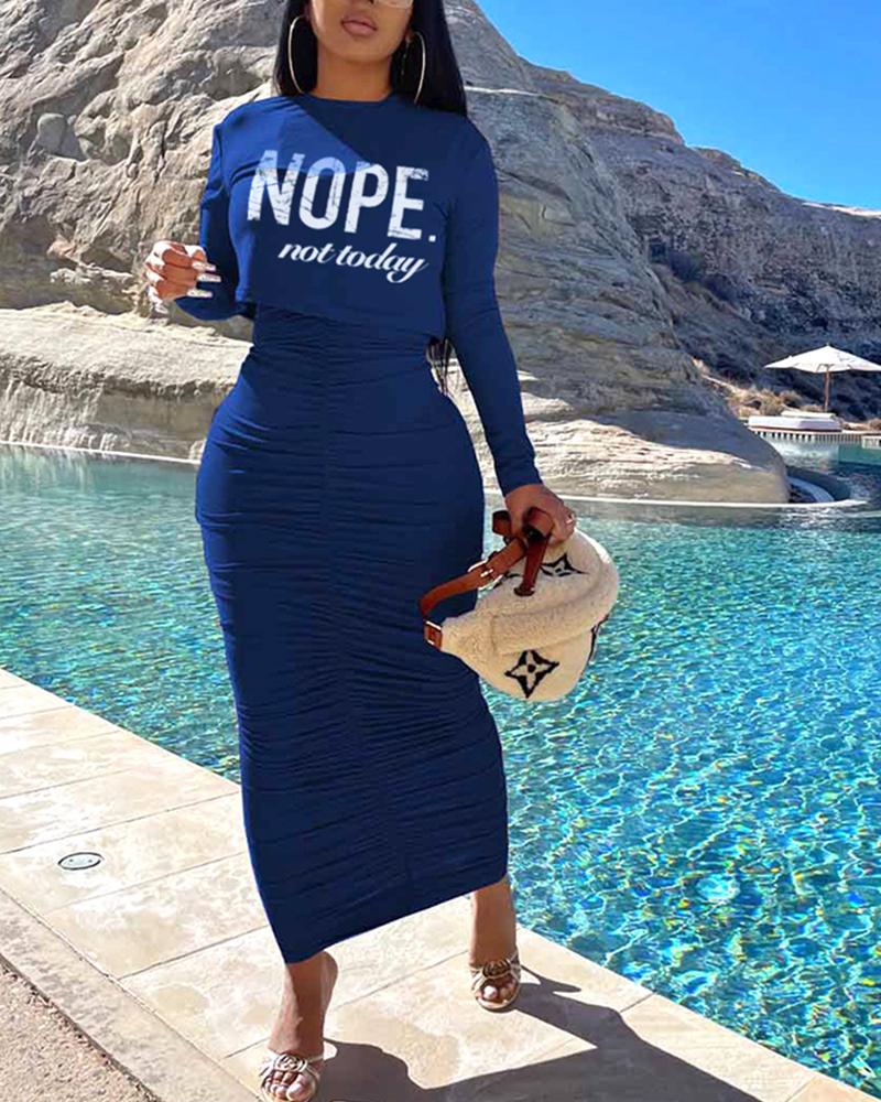 

Letter Print Long Sleeve Top & Maxi Ruched Dress Set, Blue