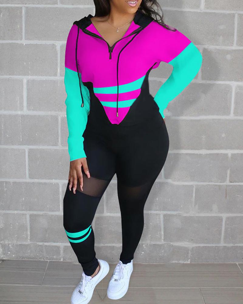 

Plus Size Colorblock Hooded Top & Mesh Pants Set, Hot pink