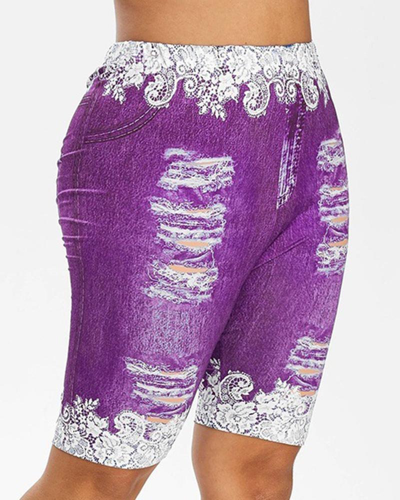 

Plus Size Floral Denim Look Print Ripped High Waist Shorts, Purple