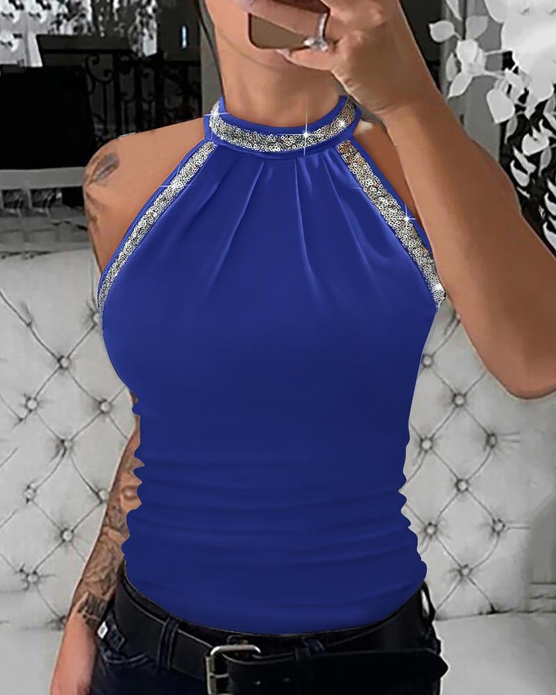 

O-Neck Sleeveless Contrast Sequin Ruched Tank Top, Blue