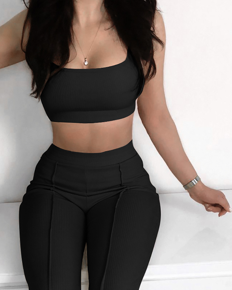 

U Neck Thick Strap Crop Top & Skinny Pants Set, Black