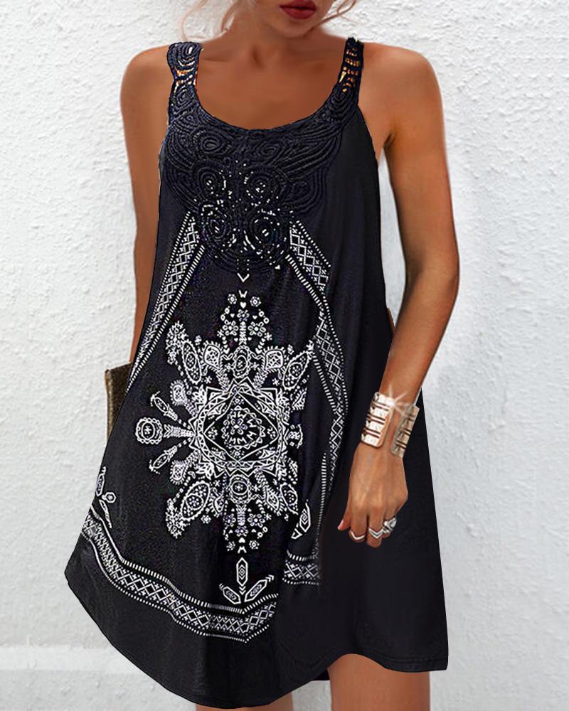 

Tribal Print Contrast Lace Sleeveless Casual Dress, Black