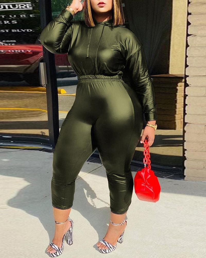 

Plus Size Long Sleeve Hooded Top & High Waist Pants Set, Green