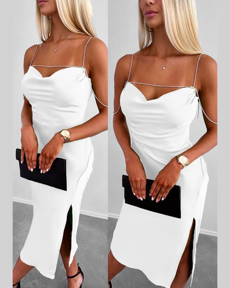 

Cowl Neck Chain Strap Slit Evening Dress, White