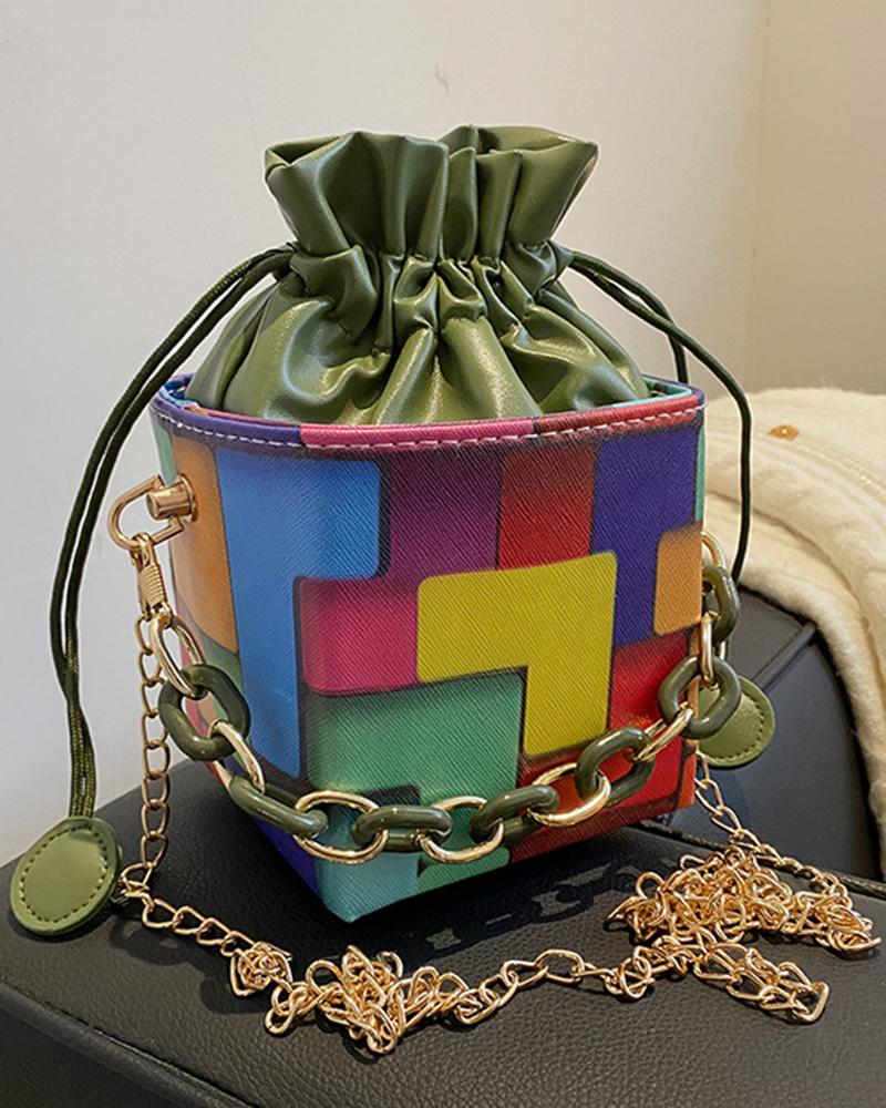 

Colorblock Chain Strap Drawstring Bucket Bag, Green