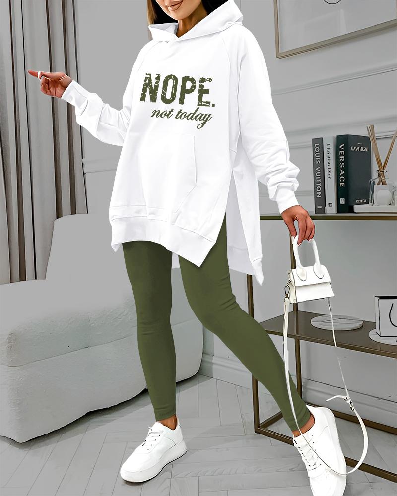 

Nope Not Today Print Pocket Design Slit Hoodie & Pants Set, Army green