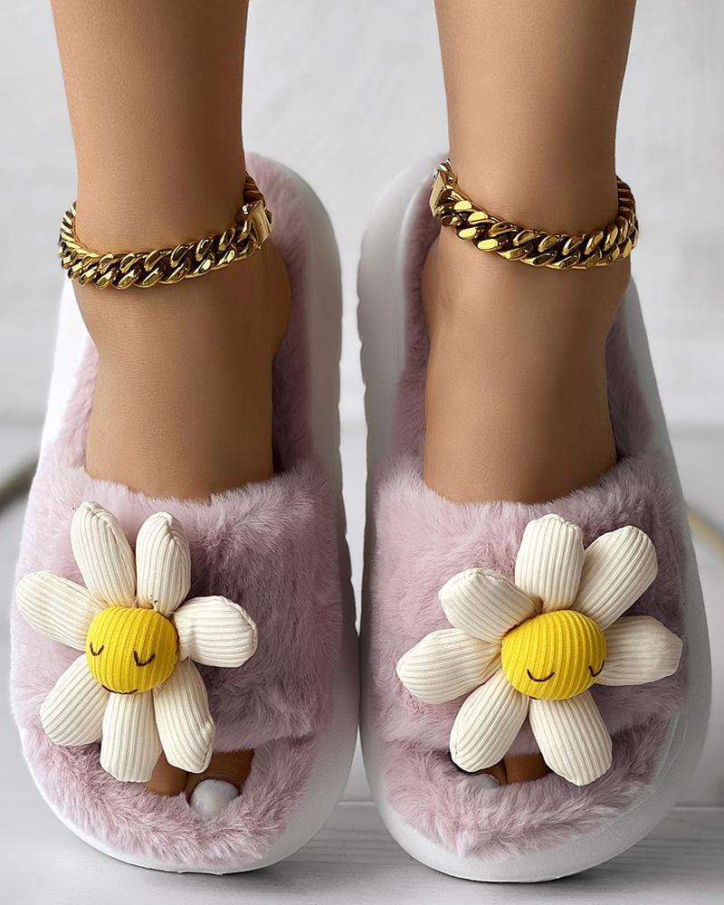 

Floral Pattern Platform Fluffy Winter Slippers, Pink