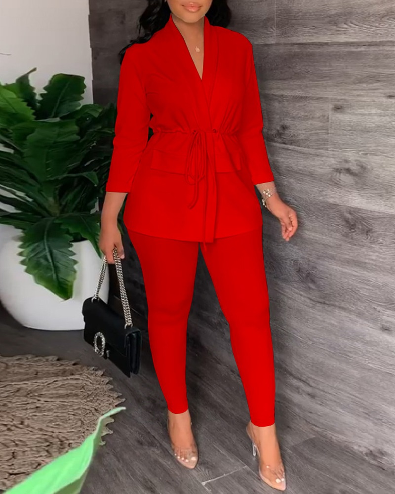 

Long Sleeve Drawstring Blazer & Pants Set, Red