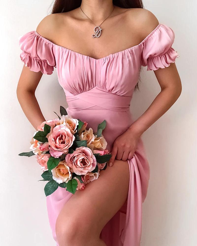 

Off Shoulder Ruched Ruffle Hem Slit Dress, Pink