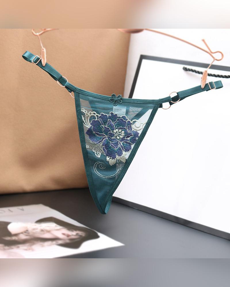 

Sexy See-through Splicing Floral Embroidery Thong Panties, Green