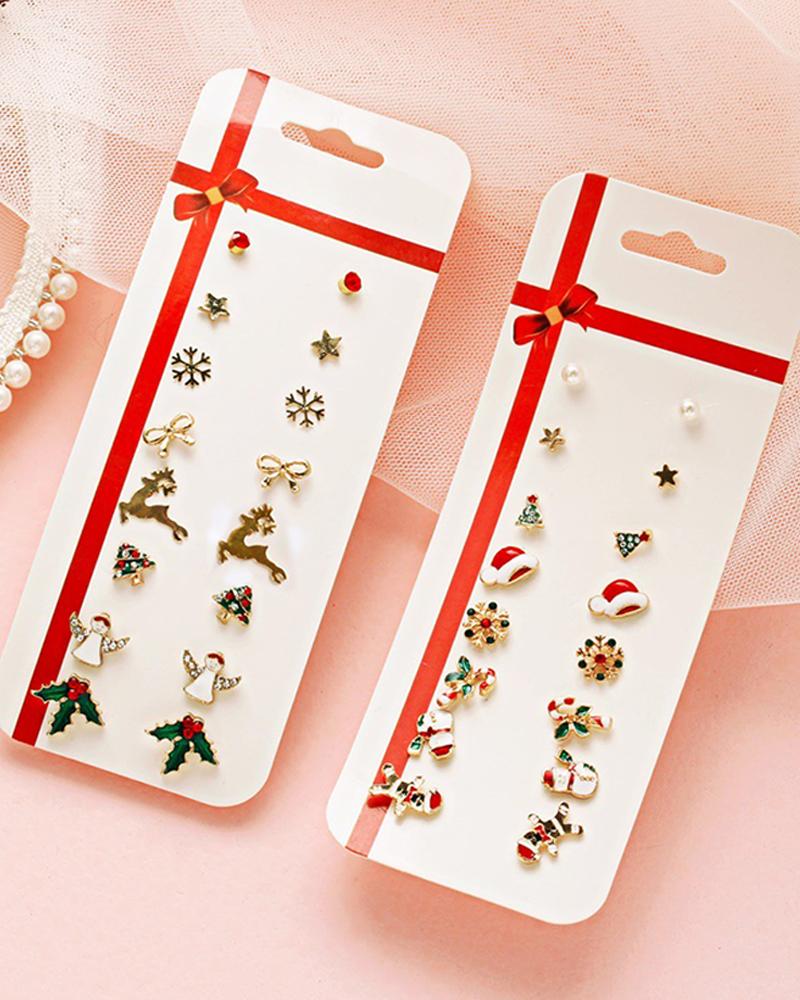 

8Pairs Christmas Tree Snowman Santa Hat Snowflake Shaped Cartoon Earrings Set, Style2