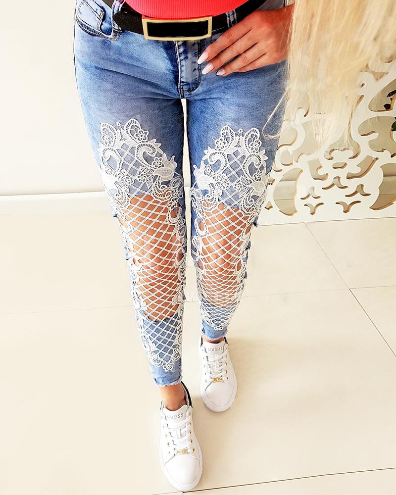 

Guipure Lace Patch High Waist Jeans, Blue