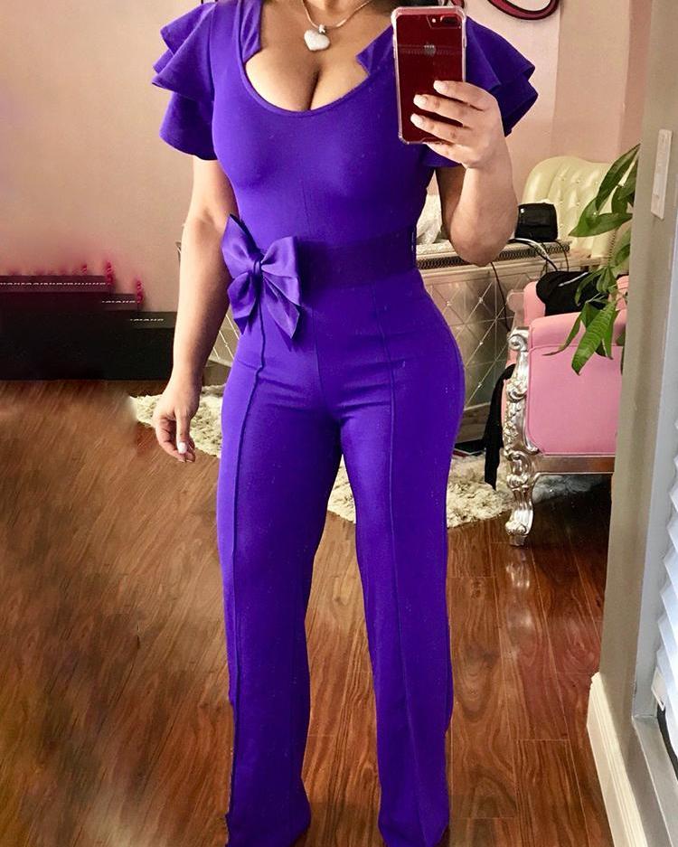 

Solid Ruffles Bowknot Belted Slinky Jumpsuit, Purple
