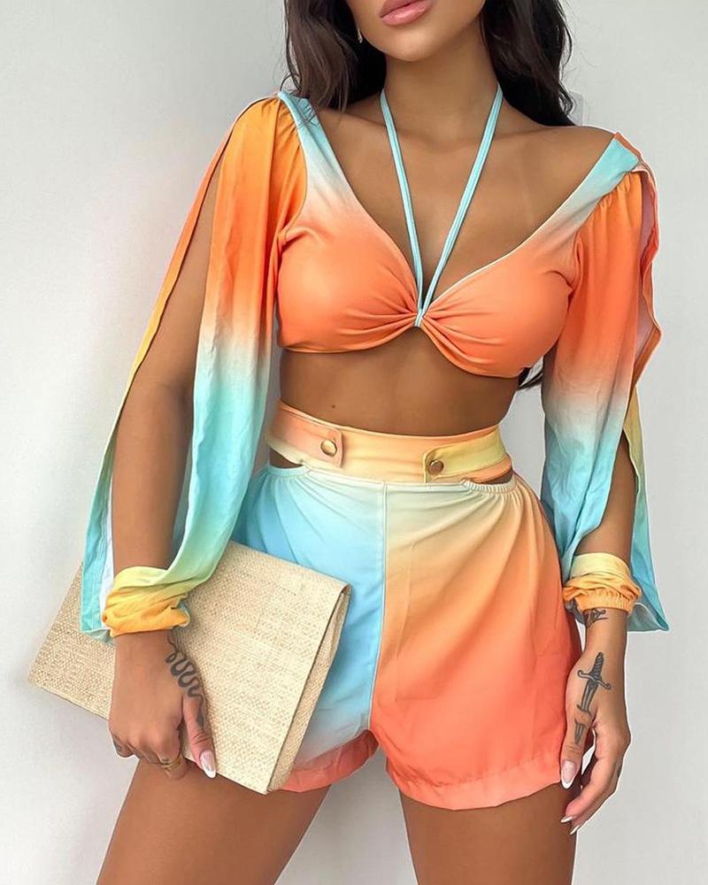 

Ombre Split Sleeve Top & Cutout Shorts Set, Multicolor