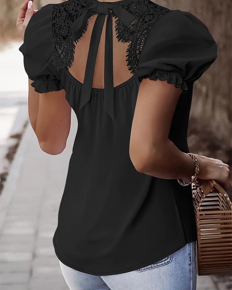 

Puff Sleeve Eyelash Lace Patch Top, Black