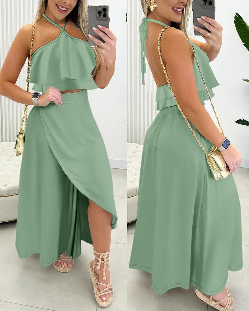 

Tied Detail Halter Top & Slit Skirt Set, Green