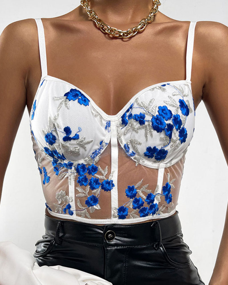 

Floral Embroidery Sheer Mesh Bustier Crop Top, Blue