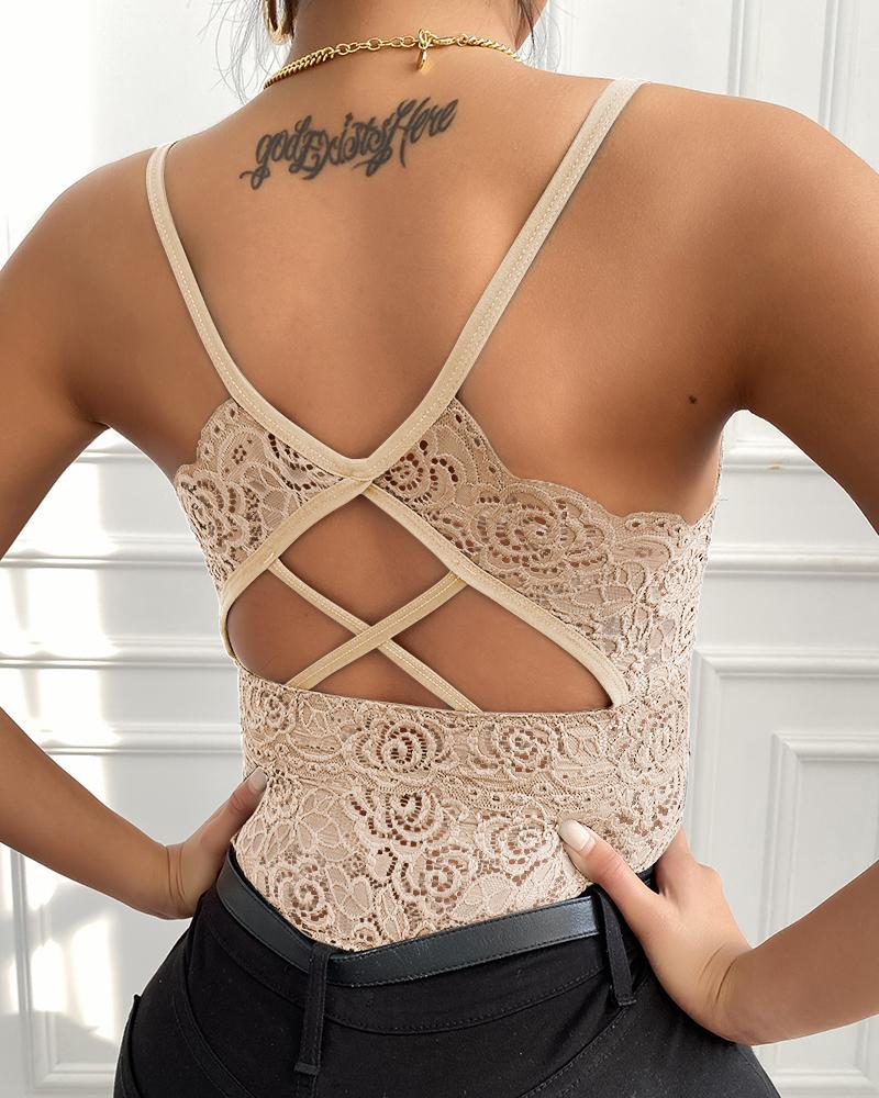 

Plunge Backless Lace Cami Tank Top, Nude