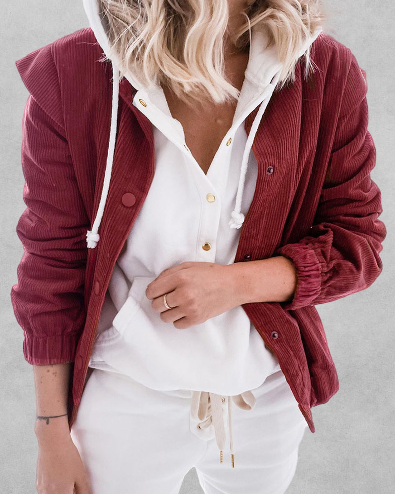 

Long Sleeve Press Button Corduroy Coat, Wine red