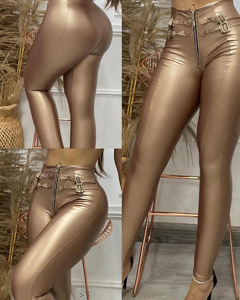 Eyelet Zipper Design Metallic Skinny Pants