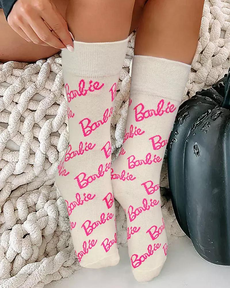 

1Pair Cute Barbie Letter Print Crew Socks, White