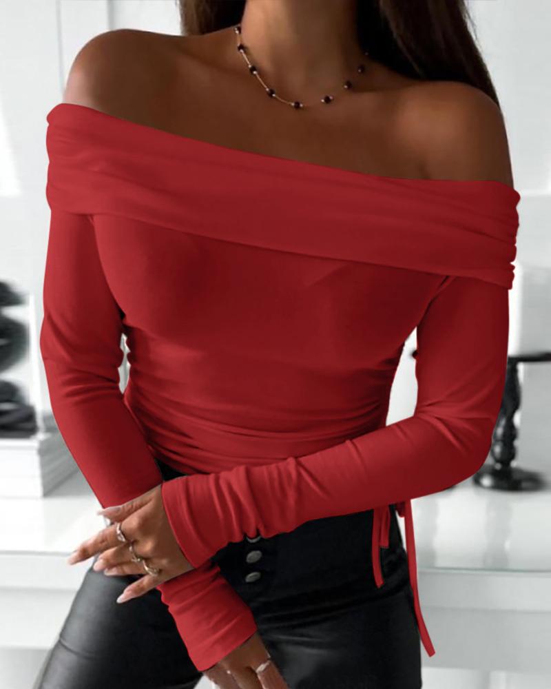 

Off Shoulder Ruched Drawstring Top, Red