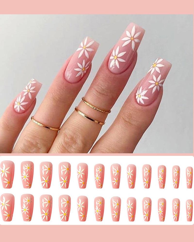 

24pcs Daisy Floral Press On Fake Coffin Nails Set With Glue, Style5