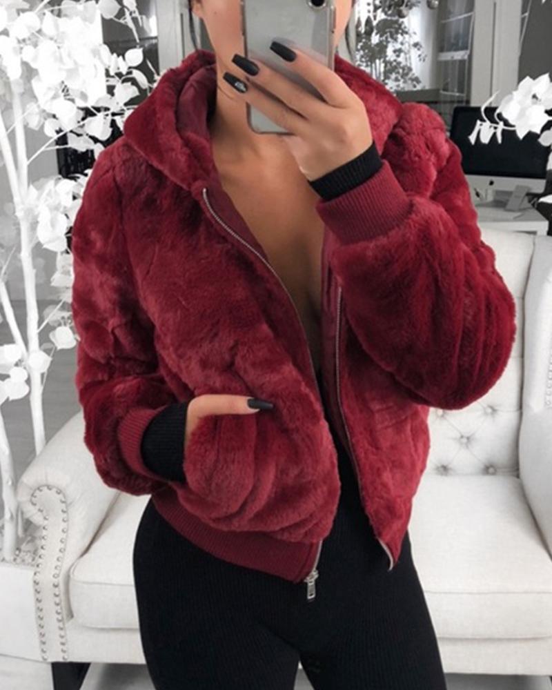

Long Sleeve Zip Front Fur Faux Fur Hooded Coat, Red