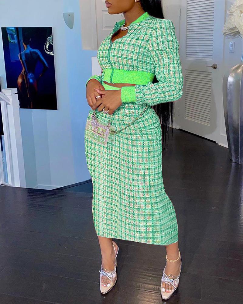 

Plaid Pattern Zipper Design Top & High Waist Skirt Set, Green