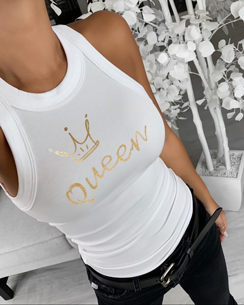 

Crown Letter Print Tank Tops Summer Sleeveless Basic Cami Top Shirt Slim Knit Ribbed Racerback Blouses, White