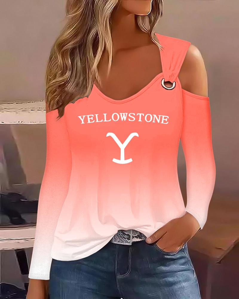 

Yellowstone Graphic Print Ombre Cold Shoulder Eyelet Casual Top, Multicolor