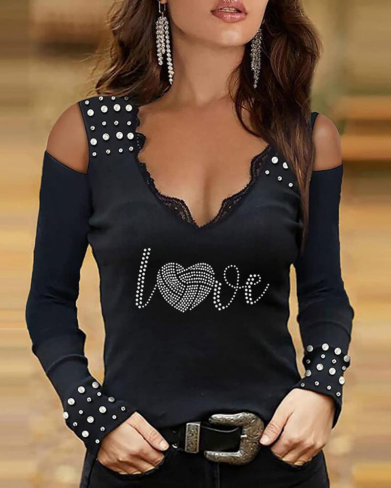 

Rhinestone Heart Pattern Studded Lace Trim Top, Style1