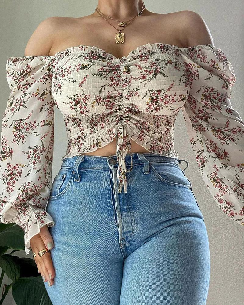 

Floral Print Off Shoulder Frill Hem Drawstring Crop Top, White
