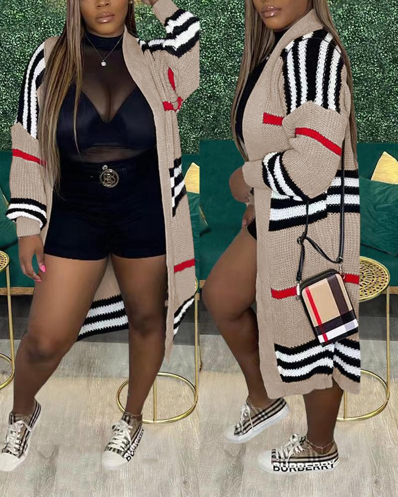 

Plus Size Striped Chunky Knit Open Front Longline Cardigan, Apricot