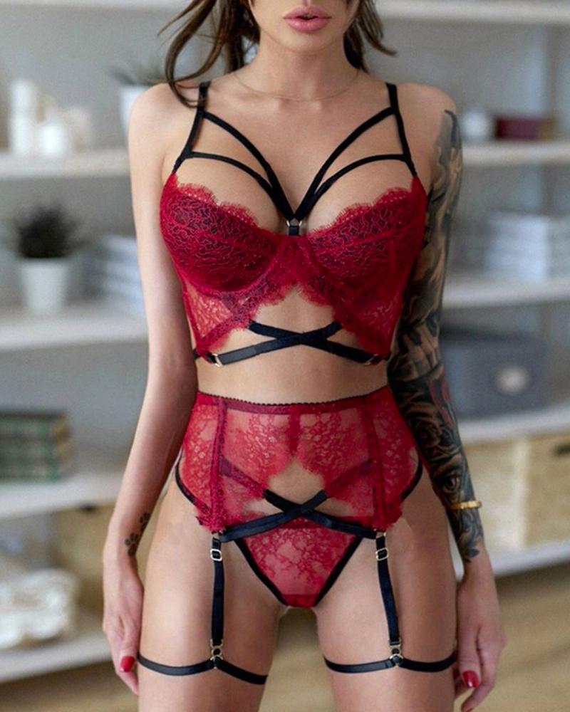 

Eyelash Lace Bandage Garter Lingerie Set, Red