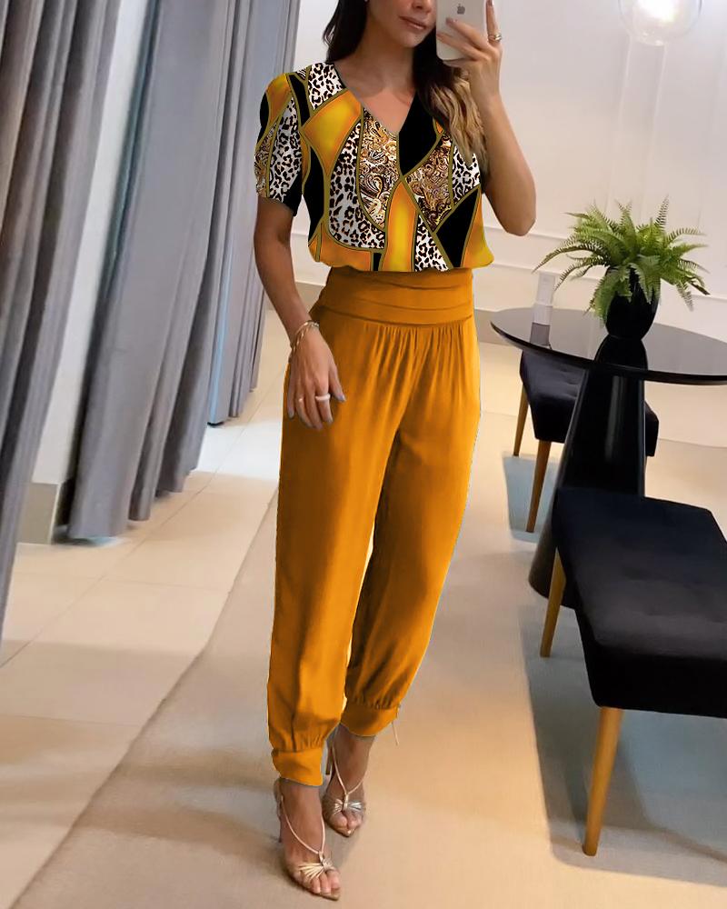 

Baroque Leopard Print Puff Sleeve Top & Cuffed Pants Set, Yellow