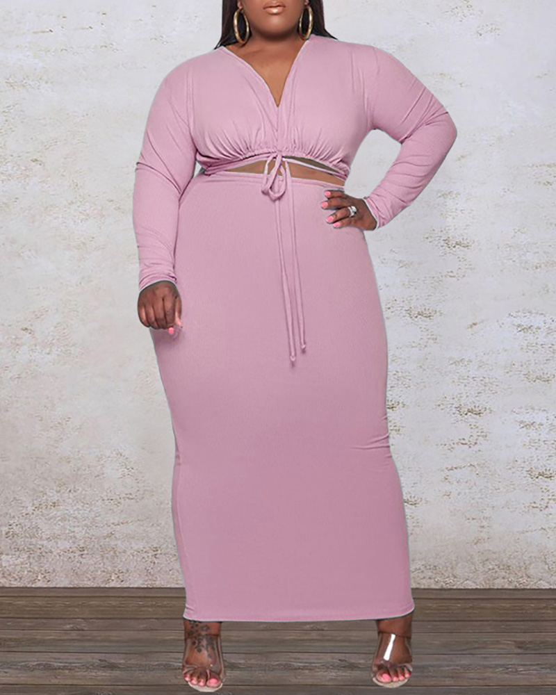 

Plus Size Long Sleeve Drawstring Ruched Top & Skirt Sets, Pink