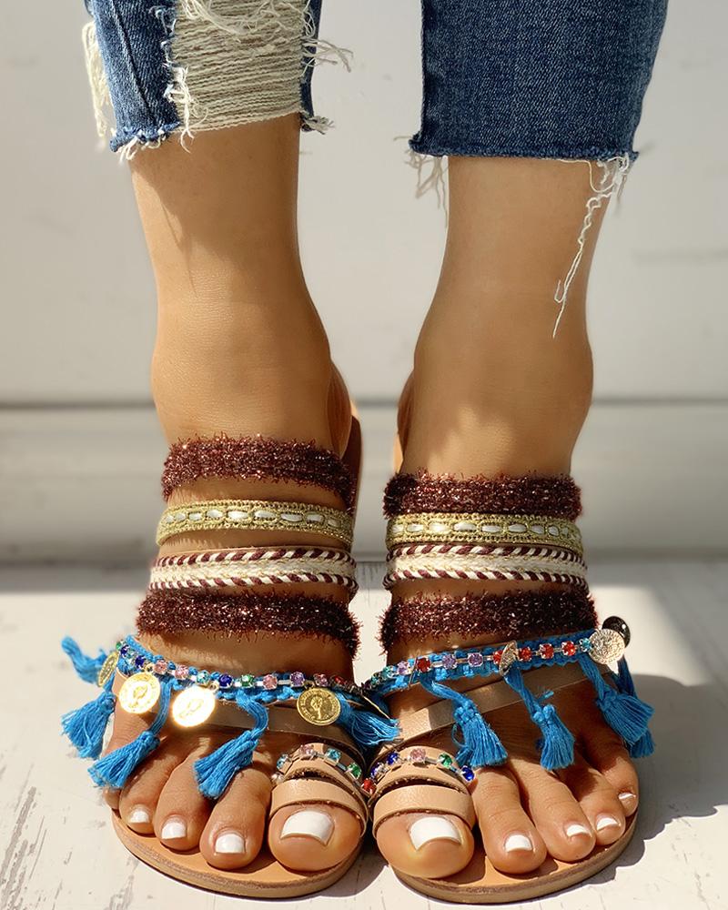 

Fluffy Studded Tassel Design Toe Ring Sandals, Blue